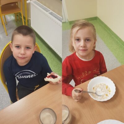 Dzieci z oddziału przedszkolnego podczas spożywania zdrowego posiłku