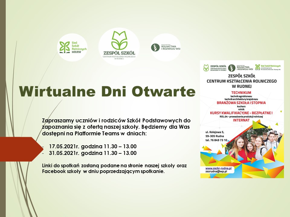 Plakat promujący dni otwarte w Zespole Szkół Centrum Kształcenia Rolniczego w Rudnej