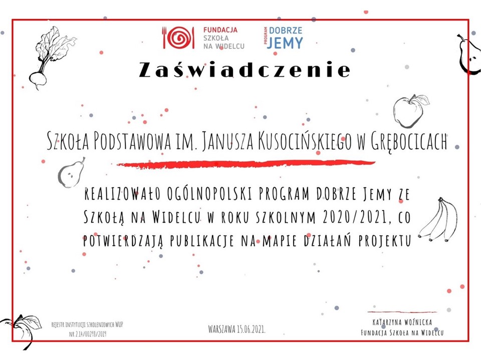 Zaświadczenie dla szkoły za udział w programie Dobrze jemy ze szkołą na widelcu