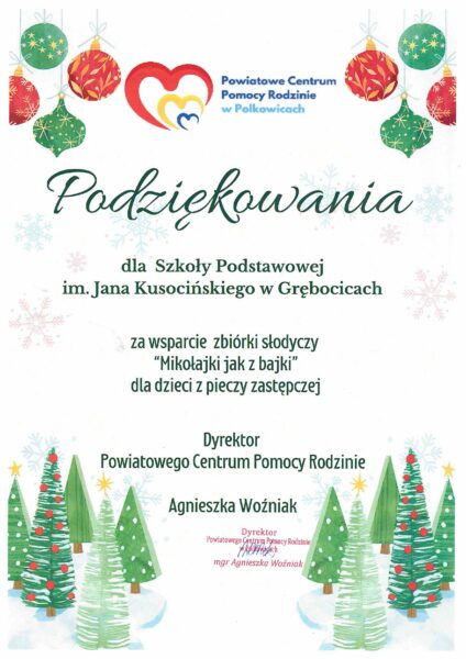 Dyplom podziękowania za udział w akcji Mikołajki jak z bajki