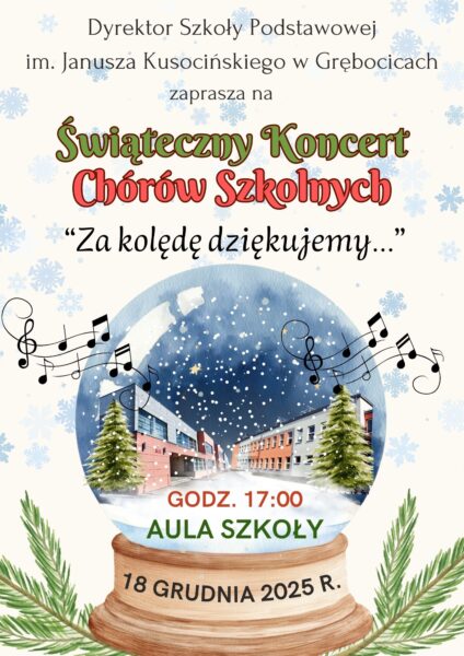 Plakat reklamujący koncert kolęd w wykonaniu chórów szkolnych